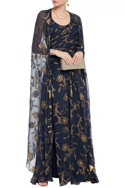 $7990 NEW Oscar de la Renta Fil Coupe Cape Back CHIFFON Gown Dress Navy Gold 2 4