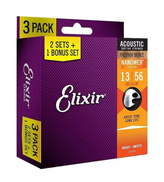 3 Sets Elixir 16102 Nanoweb Acoustic Guitar Strings Medium 13-56 Phosphor Bronze