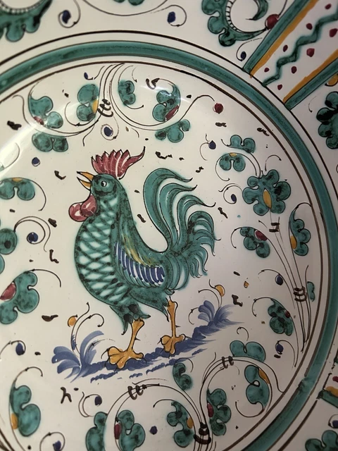 Vintage Majolica Deruta Italy  Pottery Green Rooster Bowl 10” X 4” Italian