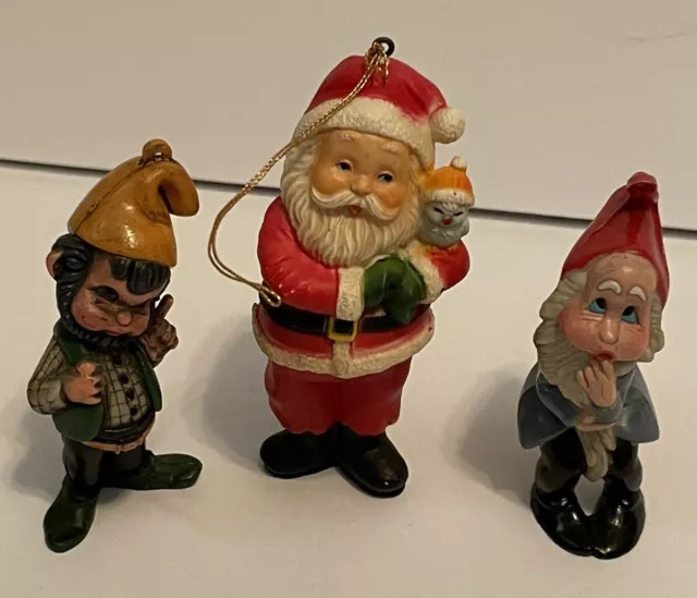 Vintage Santa Unmarked & 2 Macau Elf Ornaments Hard Plastic Christmas Figures