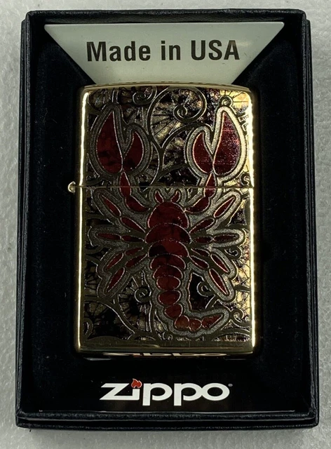 Zippo Lighter Scorpion Shell J 17 Red & Gold Made In USA & Zippo Box