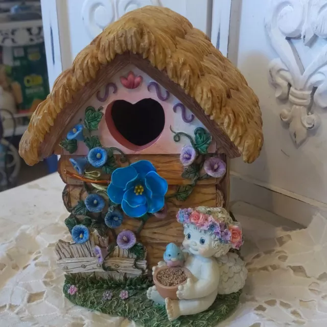Beautiful Ceramic Bird House with Flowers, Thatched Roof & Cherub