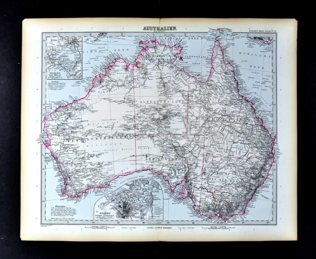 1892 Stieler Map Australia Sydney Melbourne Perth Adelaide Brisbane Alice Spring
