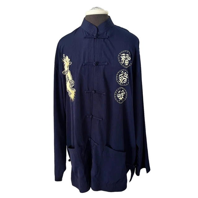 Vintage Silk Mandarin Collar Dragon Embroidered Navy Jacket Vietnam XL