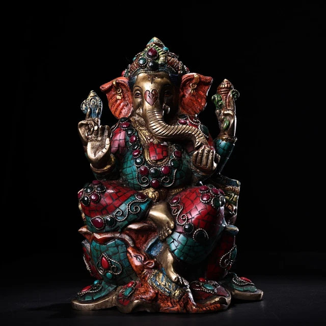 Collection of handmade pure copper inlaid gemstone statues of the God of Wealth