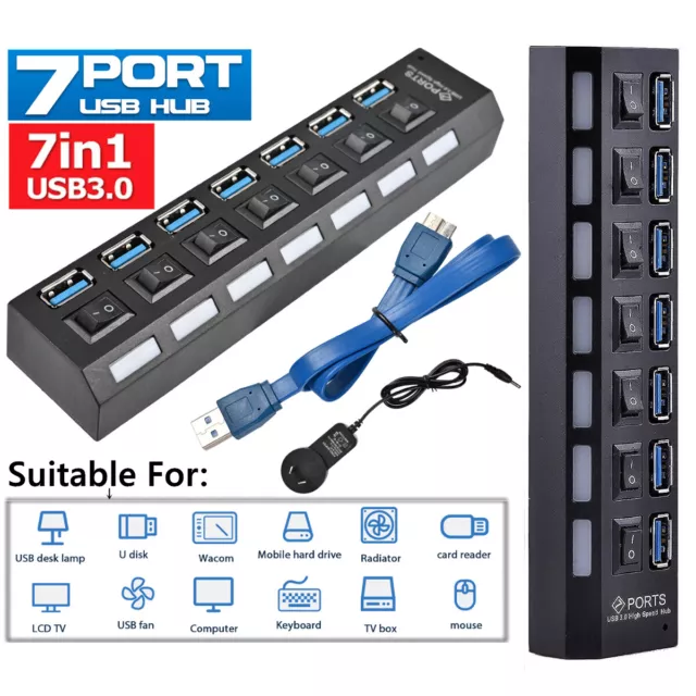 7 Port USB 3.0 HUB Powered +High Speed Splitter Extender PC AC Adapter Cable AU