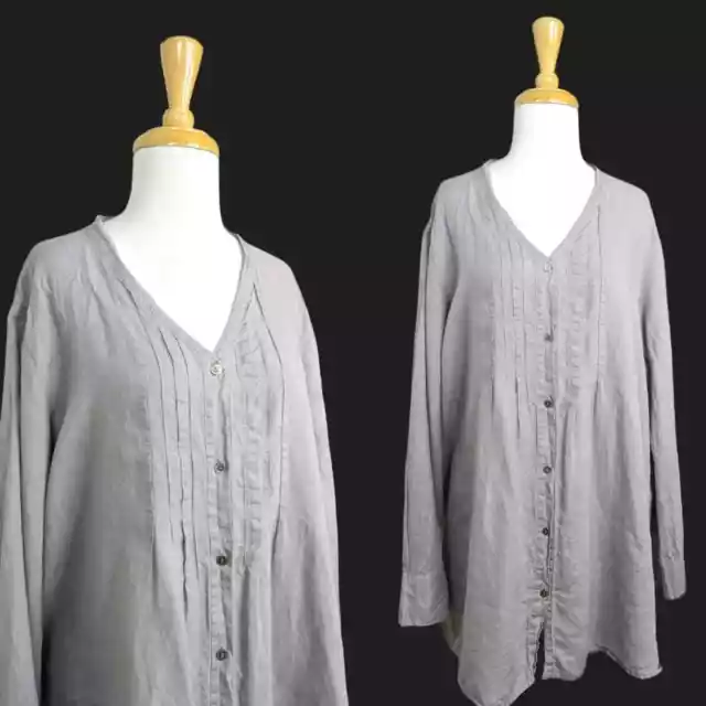 Eileen Fisher Irish Linen Button Front Tunic Top XL Long Sleeve Pleated Taupe