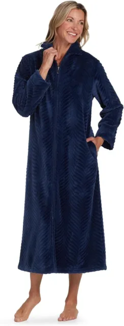 New Miss Elaine Women's Collared Zip-Up Long-Sleeve Sleep Knit Robe Blue Size M