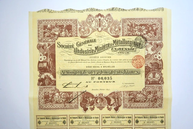 Russian Bond Industrie Miniere Et Metallurgique En Russie 500 Francs 1897