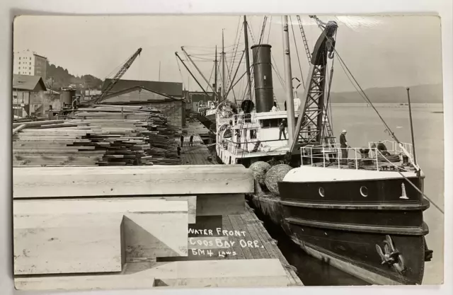 Coos Bay, Oregon Waterfront Dock USLHT Manzanita Steamer RPPC Postcard Lumber