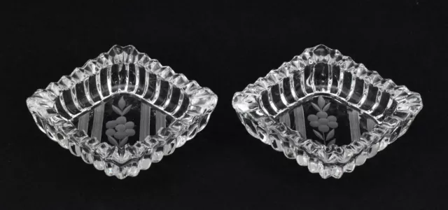 2 Square Crystal Salt Dishes w/ Etched Flower - Maker unknown 2