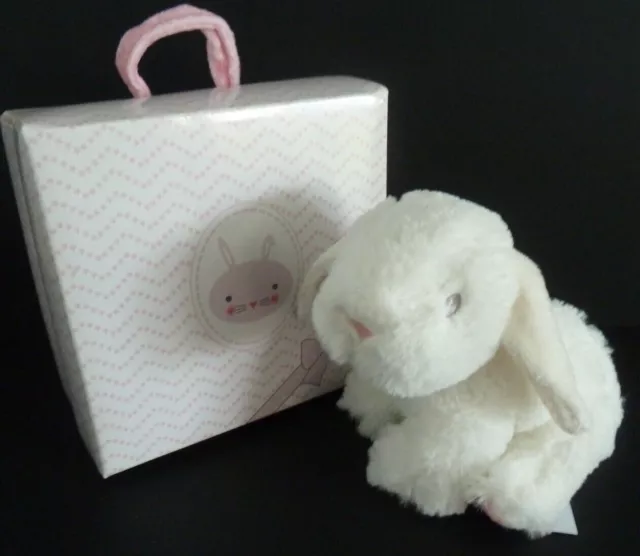 V1. DOUDOU PELUCHE TEX BABY NICOTOY LAPIN MOUTON BLANC ROSE POIS 13cm assis NEUF