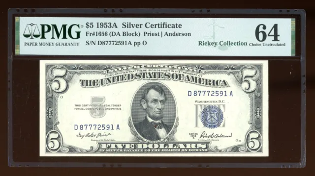 DBR 1953-A $5 Silver Fr. 1656 DA Block PMG 64 Serial D87772591A