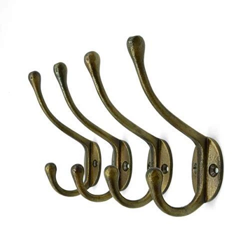 Vintage Cast Iron Wall Hooks (Antique Brass Finish, Set of 4) - Rustic,...