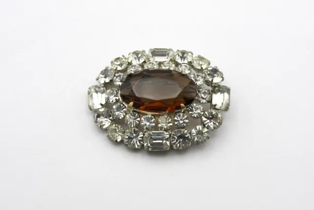 Brooch Pin Oval Brown White Clear Rhinestones Vintage Jewelry 1960s USSR Czech