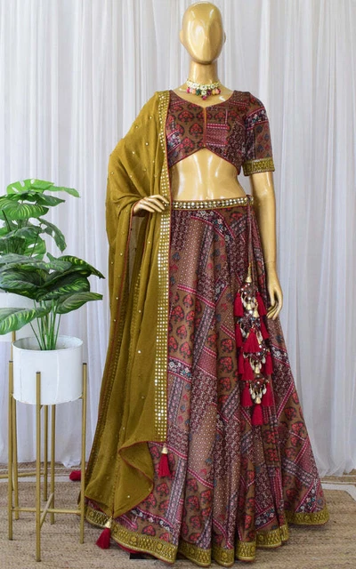 Designer Brown Colour Velvet Lehenga Choli With Mirrorwork Dupatta