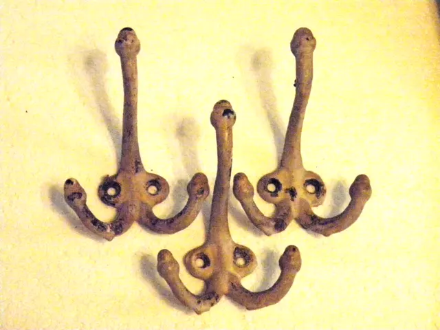 Antique 3" Triple Acorn Hooks Hat Coat Cast Iron School House Hangers Rustic Vtg