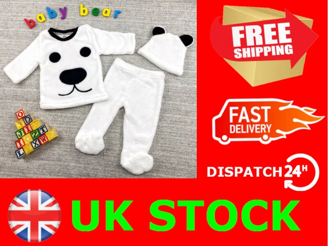 Newborn Baby Girls Boys Long Sleeve Bear Tops Pants Hat Outfits Set White Animal