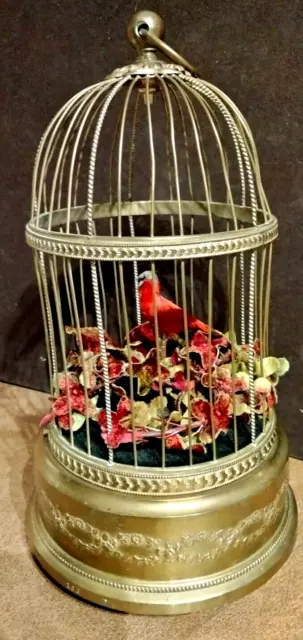 Antique French Wind Up Animated Sing Chirping Bird In Cage Brass Automaton