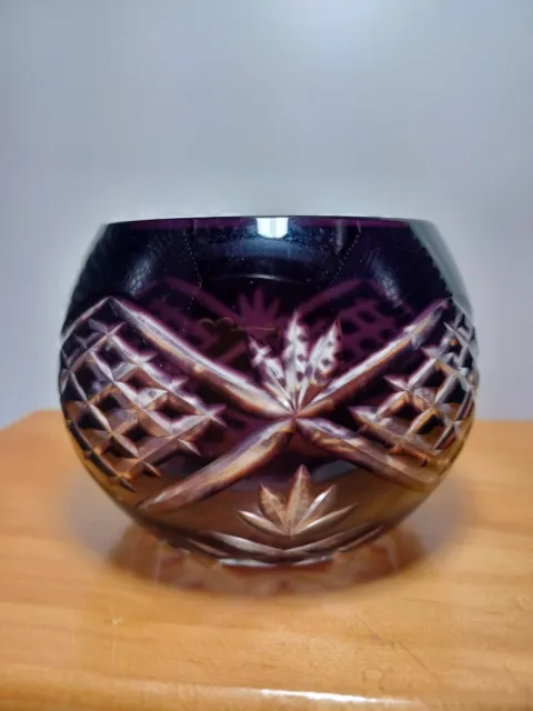 VTG Bohemian Style Cut to Clear Crystal Rose Bowl Vase Purple Amethyst