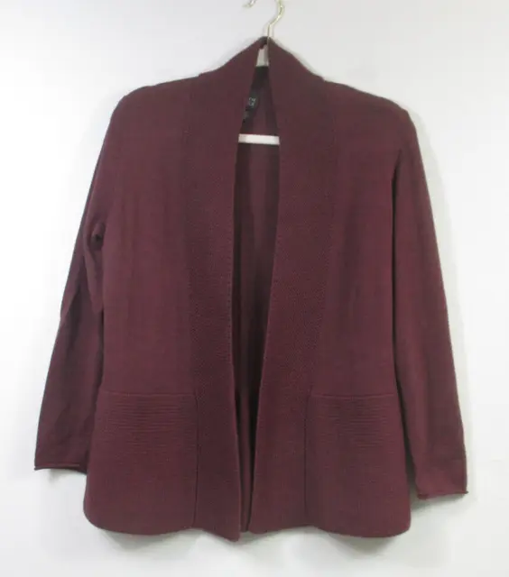 EILEEN FISHER  Merino Wool Burgundy Open Front Long Sleeve Cardigan Sweater M