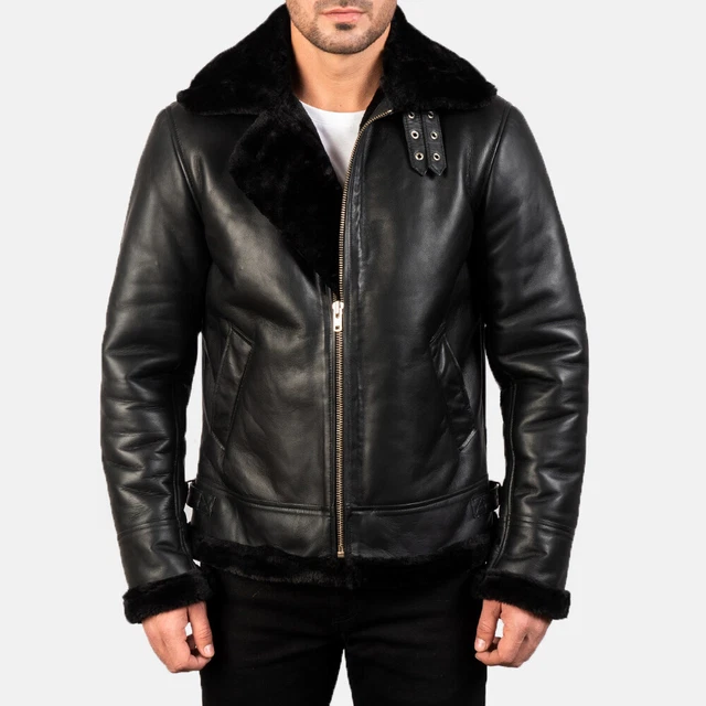 Men's Black Aviator RAF B3  Shearling Bomber Real Sheepskin Leather Fur jacket