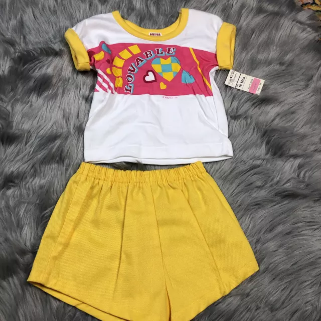 Vintage 1980s Baby Girls Baby Fair Yellow White Pink Lovable Short Shirt Set