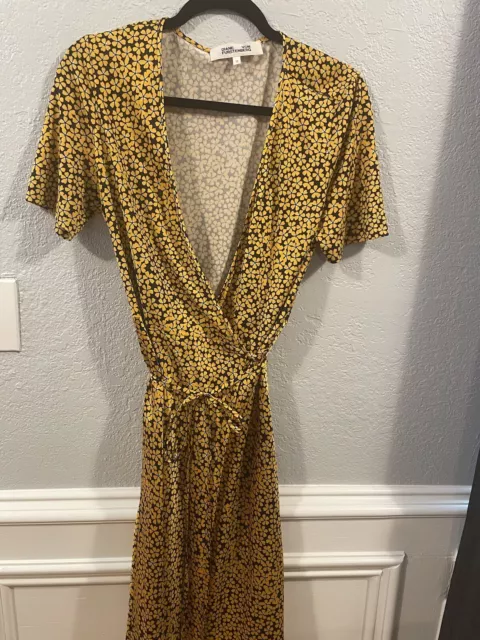 Diane von Furstenberg Silk Wrap Dress Yellow/Black Floral - Size 10