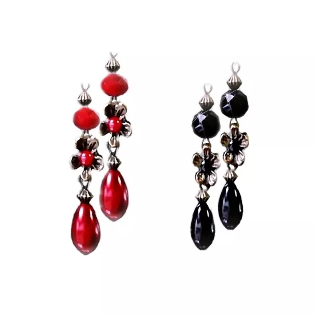 Earrings, bronze flower red or black pearl long drop, clip on or pierced,