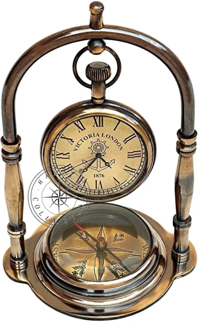Maritime Compass Base Nautical Table Clock Antique Brass Hanging Desk Clock Vict