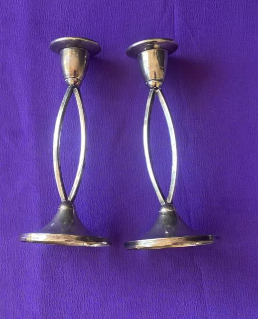 VTG IANTHE England Pair Silver Plated Candleholders + Boxed Red Tapered Candles 3