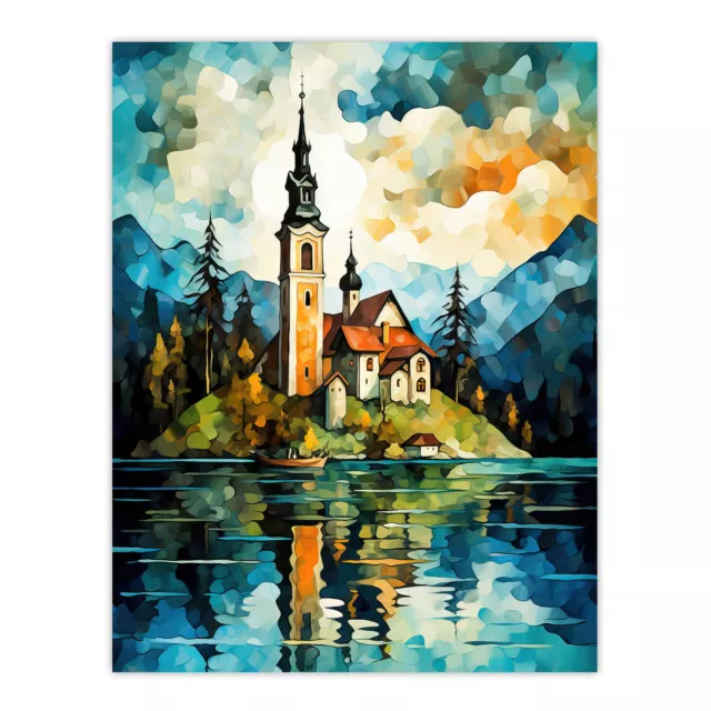 Lebendige Bledersee Kirche aus dem 17. Jahrhundert auf slowenischer Insel Wandkunst Posterdruck