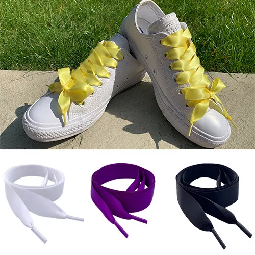 White Purple Pink Black Red Yellow Silver Ribbon Flat Shoe laces Trainer Laces