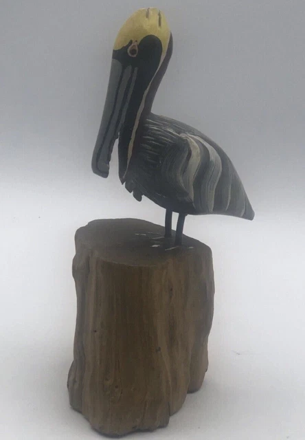 Wooden Pelican Sculpture 7” Vintage Drift Wood Hand Carved and Painted