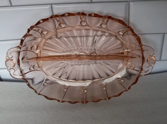 Vintage Depression Glass Pink Divided Dish Relish Bowl Oyster and Pearl