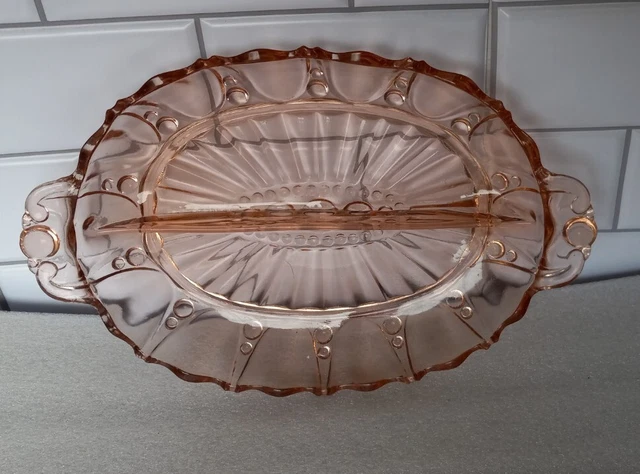 Vintage Depression Glass Pink Divided Dish Relish Bowl Oyster and Pearl