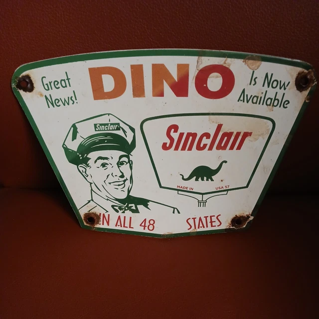 Vintage 1957 Sinclair Porcelain Sign Dino Gas Motor Oil Sales Service Garage