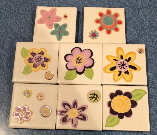 8 CERAMIC colorful TILE MAGNET Resin Hand Painted Flower Hippy Love 2”x 2”