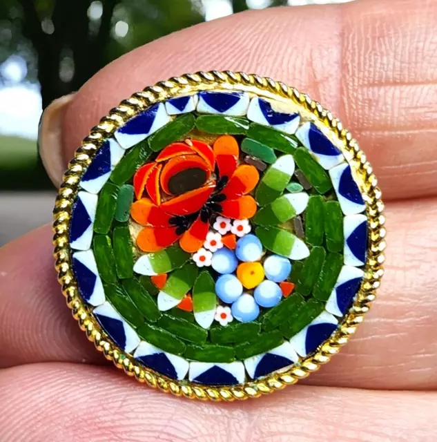 Vintage Micro Mosaic Floral Brooch Round Pin Italy Bouquet Pieter Dura 1 Inch