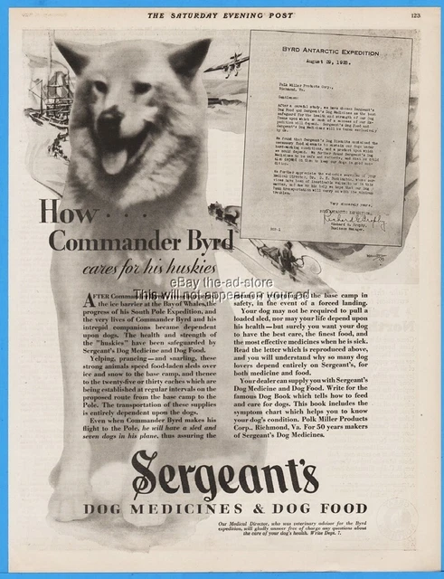 1929 Sergeants Dog Medicine Food Commander Byrd South Pole Huskies Care Ad