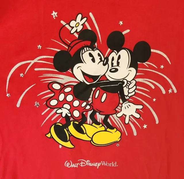 Disney Womens Plus 2x Classic Mickey Minnie Mouse Red T-Shirt Fireworks glitter