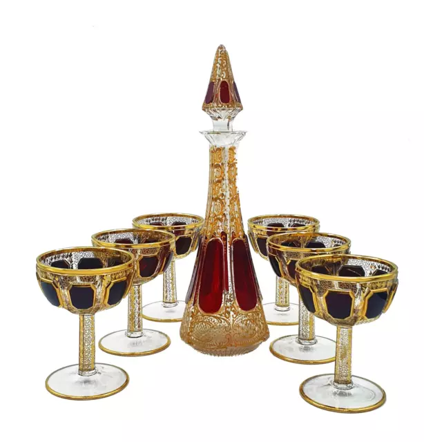 Bohemian Moser champagne glass set with decanter. 19century Moser Cabochon Ruby