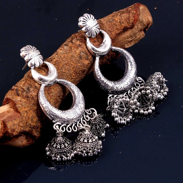 Boucles D'oreilles Jhumka Indien - Argent Oxydé, Laiton - Fait Main - Neuf Avec étiquettes