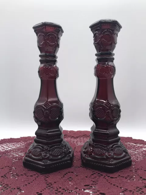 Pair of Avon "1876 Cape Cod" Cranberry Ruby Red Glass Candlesticks, Vintage 1975