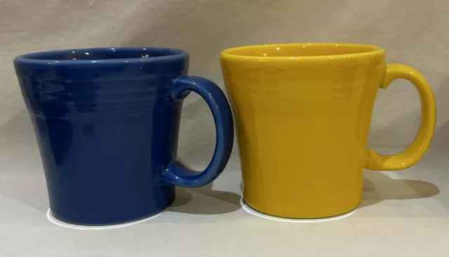 Pair of Homer Laughlin Fiesta Ceramic Tapered Coffee Mug Blue Yellow