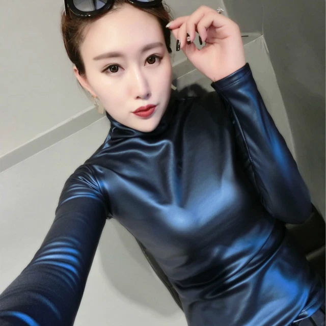 1X Épais Femme Simili Cuir Col Roulé Basique Pull Chemisier Slim Élastique Haut