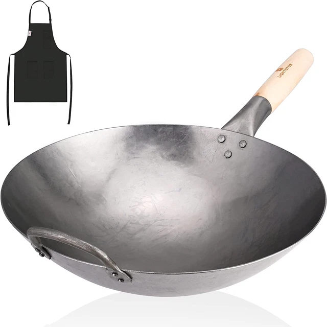 Wok Pan: 14,2 pulgadas parte inferior redonda martillada a mano acero al carbono wok con delantal