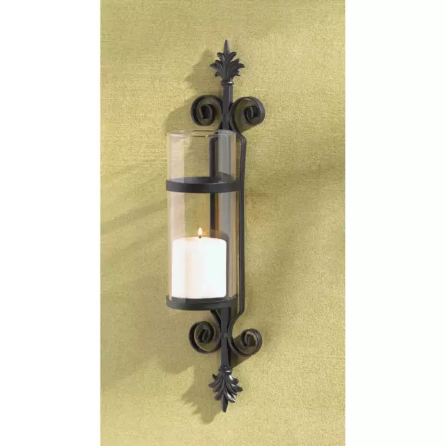 Metal Glass Matte Black Ornate Scroll Tuscan Elegant Candleholder Sconce