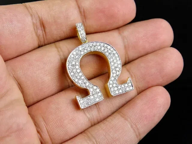 2 Ct Round Cut Simulated Diamond Men Omega Sign pendant 14K Yellow Gold Plated