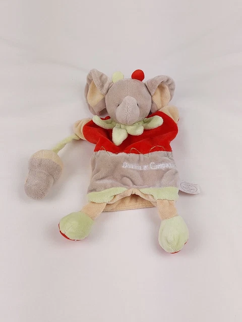 Doudou et Compagnie marionnette éléphant hochet champignon gris rouge vert beige